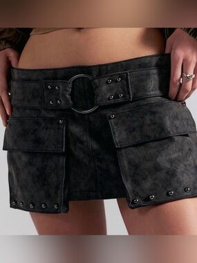 Free People We The Free Micro Mini Faux Suede Studded Cargo Skort in Black - 6